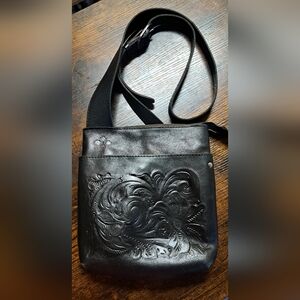 Patricia Nash Black Tooled Leather Crossbody Bag Adjustable Strap "READ"